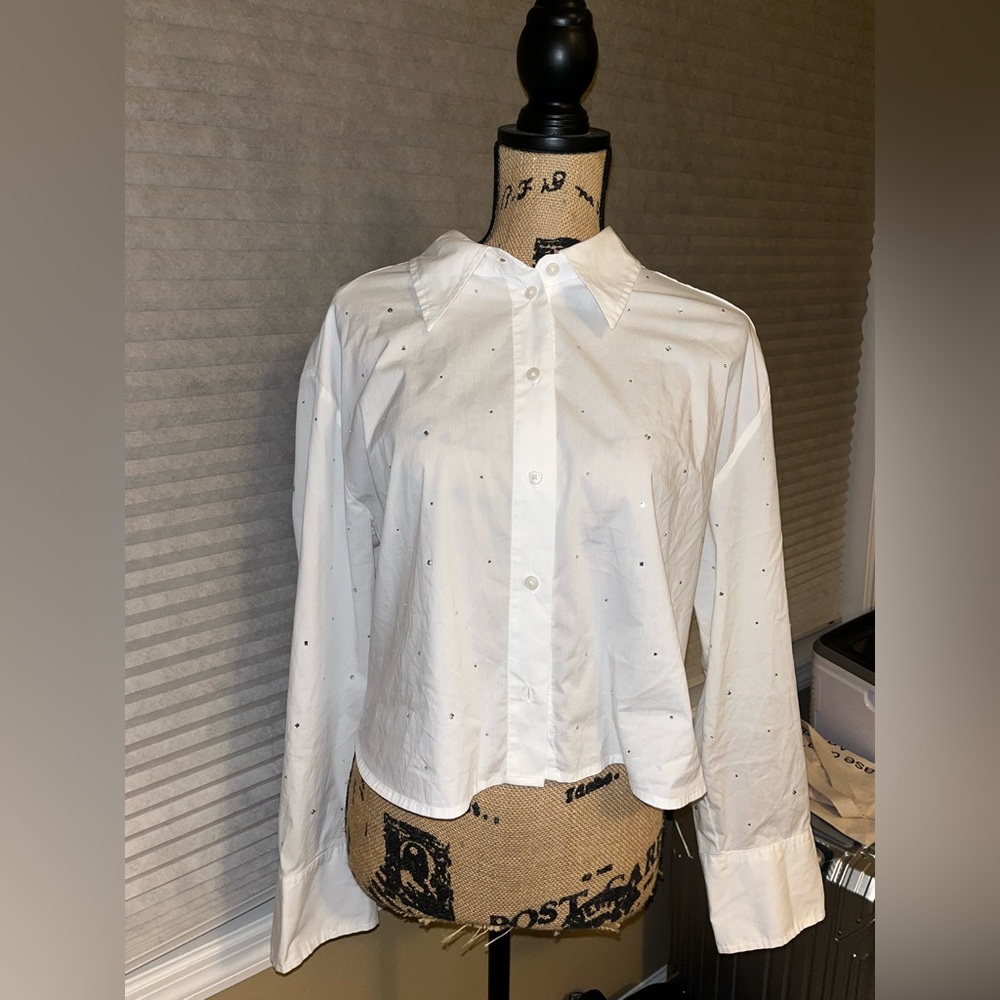 A New Day White Embellished Crop Button Down Shirt